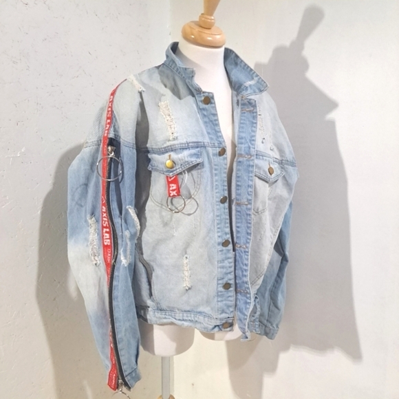 Se7en| Boyfriend Jeans Jacket Oversized Destroyed Zipper Color Gradient Cracks - Picture 1 of 13